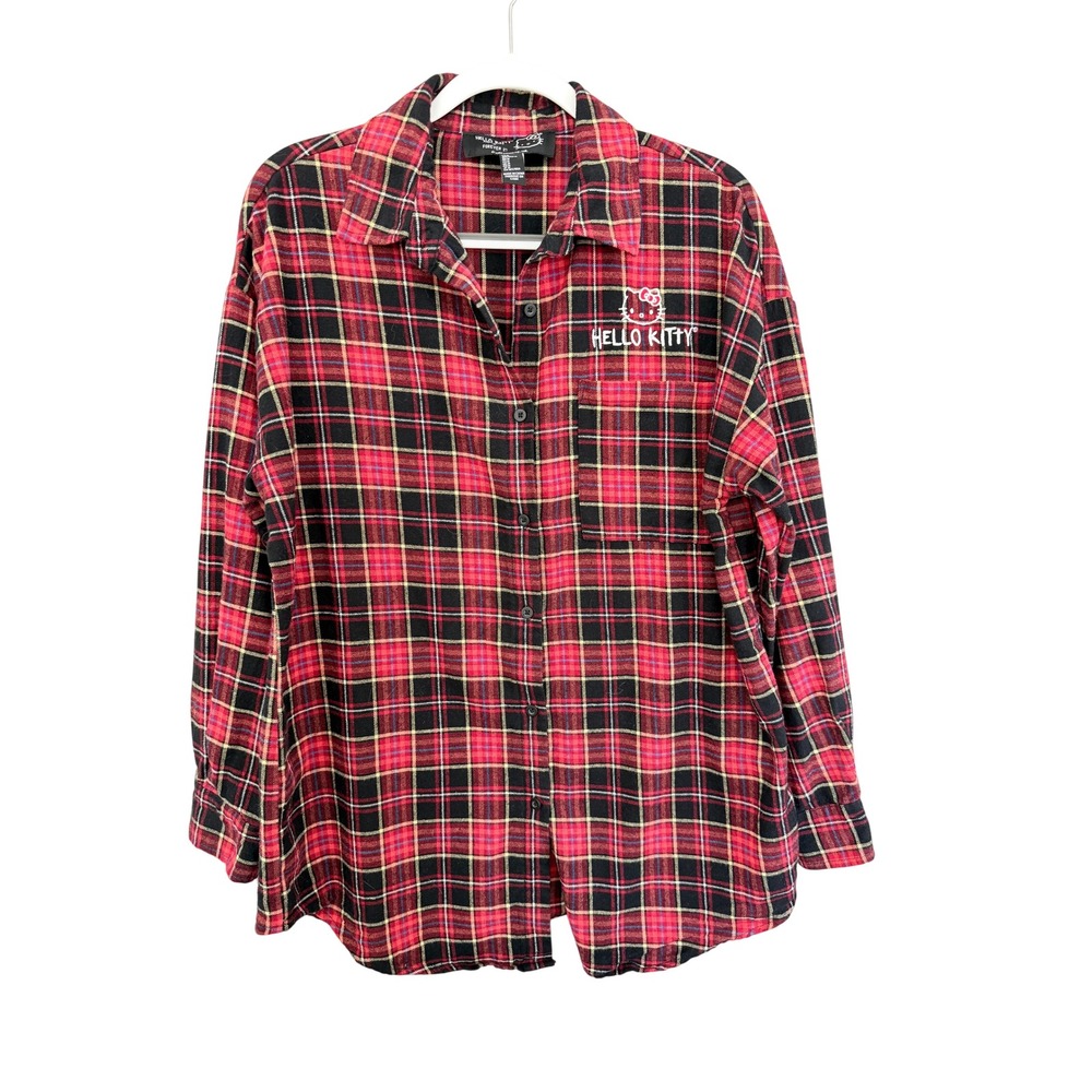 Forever 21 X Hello Kitty Red Plaid Long Sleeve Button Up Shirt Size Medium